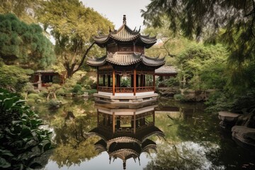 Wall Mural - reflection of china pagoda in tranquil pond, surrounded by lush greenery, created with generative ai