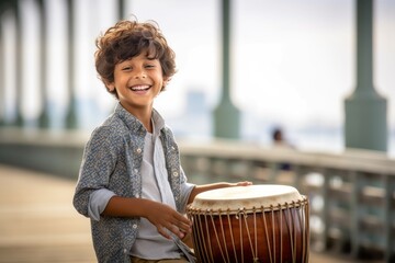 Wall Mural - Environmental portrait photography of a grinning kid male playing the drum against a scenic beach pier background. With generative AI technology