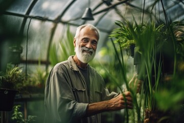 Wall Mural - Medium shot portrait photography of a glad mature man growing plants in a greenhouse against a picturesque waterfall background. With generative AI technology