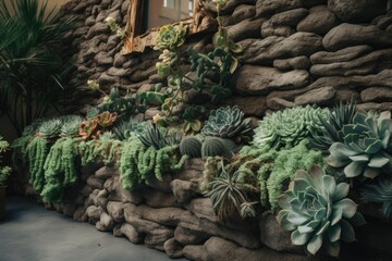 Wall Mural - textured and earthy wall garden with succulent accents, created with generative ai