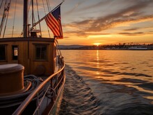 Beautiful Sunset Over Tansport Harbor With Us Flag On Rear Of Boat Generative AI
