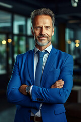 Happy middle aged business man ceo standing in office arms crossed. Smiling mature confident professional executive manager, proud lawyer,  businessman leader wearing blue suit, created with ai