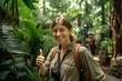 © Markus Schröder - Environmental portrait photography of a glad girl in her 30s showing ok gesture against a scenic tropical rainforest background. With generative AI technology
