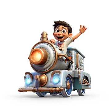 Cute boy 3D style, driving my steam train - generative AI illustration