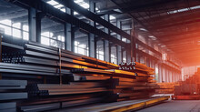Steel In Industrial Warehouse, Beam, Pipe, Steel Plate, Generative AI