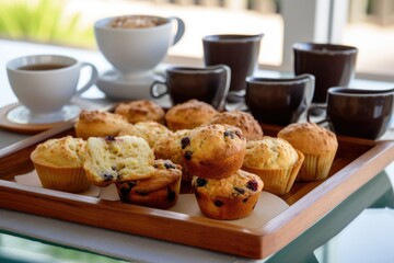 Wall Mural - a tray of muffins and scones, daintily arranged for morning tea, created with generative ai