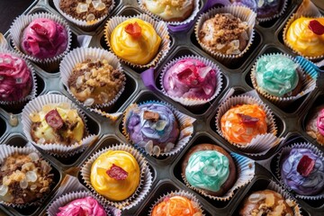 Sticker - a tray of individual muffins, baked in colorful wrappers, and topped with sweet icing, created with generative ai