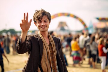 Environmental portrait photography of a glad boy in his 30s showing ok gesture against a lively festival ground background. With generative AI technology