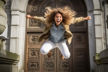 Wall Mural - Environmental portrait photography of a satisfied girl in her 30s jumping against a historic museum background. With generative AI technology