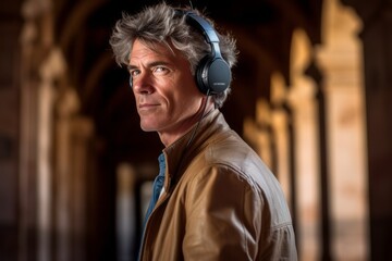 Wall Mural - Studio portrait photography of a glad mature boy listening to music with headphones against a historic museum background. With generative AI technology