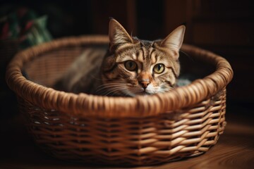 Wall Mural - a cat in a basket with its favorite toy, created with generative ai