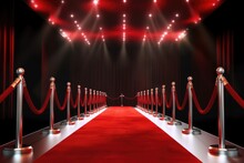 Red Carpet Leading To Red Velvet Stage, With Glittering Lights And Cheering Crowd In The Background, Created With Generative Ai