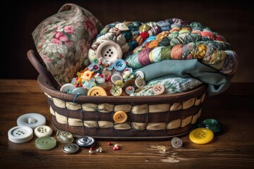 Poster - sewing basket overflowing with colorful fabrics, buttons, and thread, created with generative ai