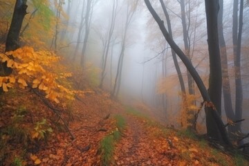 Canvas Print - autumn forest with mist and fog, creating a mysterious atmosphere, created with generative ai