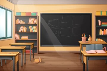 Canvas Print - empty classroom with bookshelves, chalkboard, and blackboard for teachers to prepare lessons, created with generative ai