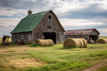 Wall Mural - rustic barn with hay bales and farm equipment, surrounded by windblown fields, created with generative ai