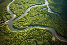 Aerial View Of River And Tributaries In Lush Greenery - AI Generative