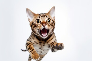 Wall Mural - Lifestyle portrait photography of a smiling bengal cat leaping against a white background. With generative AI technology