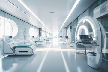 Wall Mural - sweeping view of a futuristic hospital, with advanced medical equipment and personalized healthcare services, created with generative ai