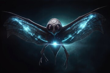 Wall Mural - alien flying creature, with its wings spread and eyes shining, created with generative ai