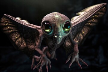 Wall Mural - alien flying creature, with its wings spread and eyes shining, created with generative ai
