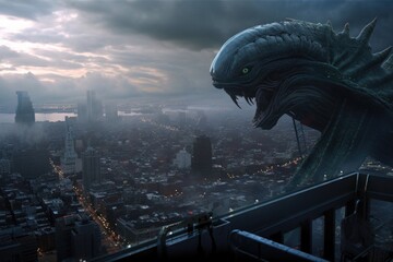 Wall Mural - alien life form, towering over cityscape, with spaceship in the background, created with generative 