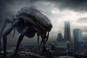 Wall Mural - alien life form, towering over cityscape, with spaceship in the background, created with generative 