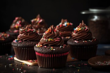 Wall Mural - stack of chocolate cupcakes, decorated with swirls of frosting and sprinkles, created with generative ai