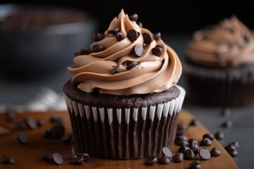 Sticker - close-up of frosted chocolate cupcake with swirls and mini chocolate chips, created with generative ai