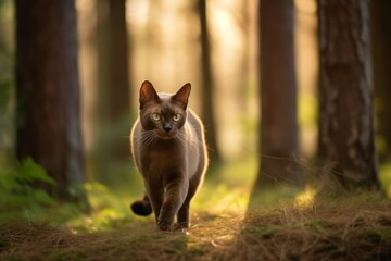 Full-length portrait photography of a cute burmese cat hopping against a forest background. With generative AI technology