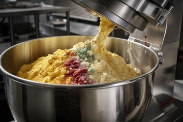 Poster - close-up of commercial mixer, with ingredients being mixed and churned, created with generative ai