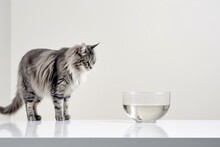Full-length Portrait Photography Of A Funny Norwegian Forest Cat Drinking Water Against A Minimalist Or Empty Room Background. With Generative AI Technology
