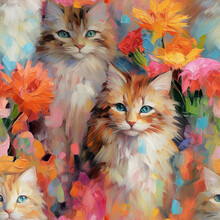 Cats And Flowers Colorful Seamless Repeat Pattern - Impressionism, Abstract Cat Art [Generative AI]