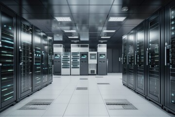 Sticker - high-tech data center, with servers and other hardware in sleek cabinets, created with generative ai