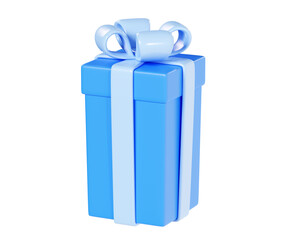 Wall Mural - Gift box 3d render illustration - closed blue cube present pack decorated with ribbon and bow.