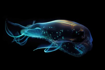 Wall Mural - deep-sea creature swimming in schools, with bioluminescence lighting the way, created with generative ai
