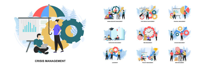 set of web page design templates for management web page composition with leadership, time managemen