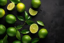 Fresh Green Limes On Black Dark Stone Background. Text Space, Generative AI