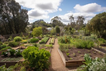 Poster - edible landscape with herbs, vegetables, and fruit trees in the foreground, created with generative ai