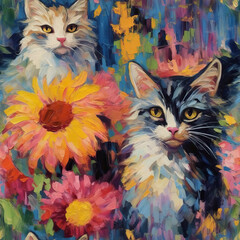 Naklejka na meble Cats and flowers colorful seamless repeat pattern - impressionism, abstract cat art [Generative AI]
