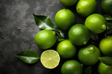 Wall Mural - fresh green limes on black dark stone background. text space, Generative AI