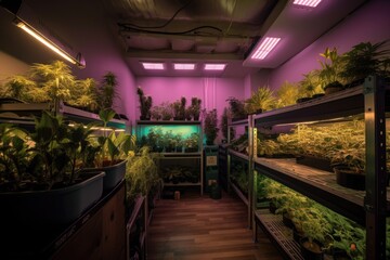 Sticker - high-tech grow room filled with led lights, fans, and other advanced equipment, created with generative ai