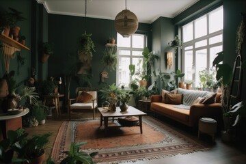 Sticker - a cozy living room, with a variety of indoor plants and greenery, providing a splash of color to the space, created with generative ai