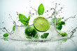 fresh lime with green flake and splashes of water on a white background, Generative AI