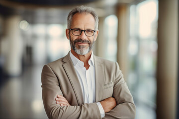 Happy middle aged business man ceo standing in office arms crossed. AI Generative