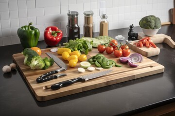 Sticker - meal prep station with board, knife, and ingredients to make healthy and delicious meals, created with generative ai