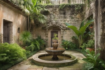 Wall Mural - tropical garden with babbling fountain in front of stone-walled house, created with generative ai