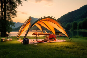 modern camping tent in the park. generative ai