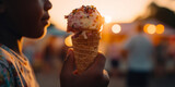 Fototapeta Boho - IA generativa boy eating ice cream at the fair at sunset
