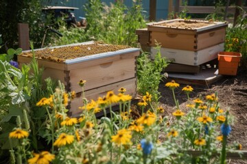 Poster - pollinator garden with honeycomb and beekeeping supplies visible, created with generative ai